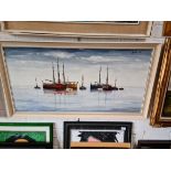Jorge Aguilar Agon, boats at sea, oil on board, 100cm x 50cm, signed and dated (1964) upper right,