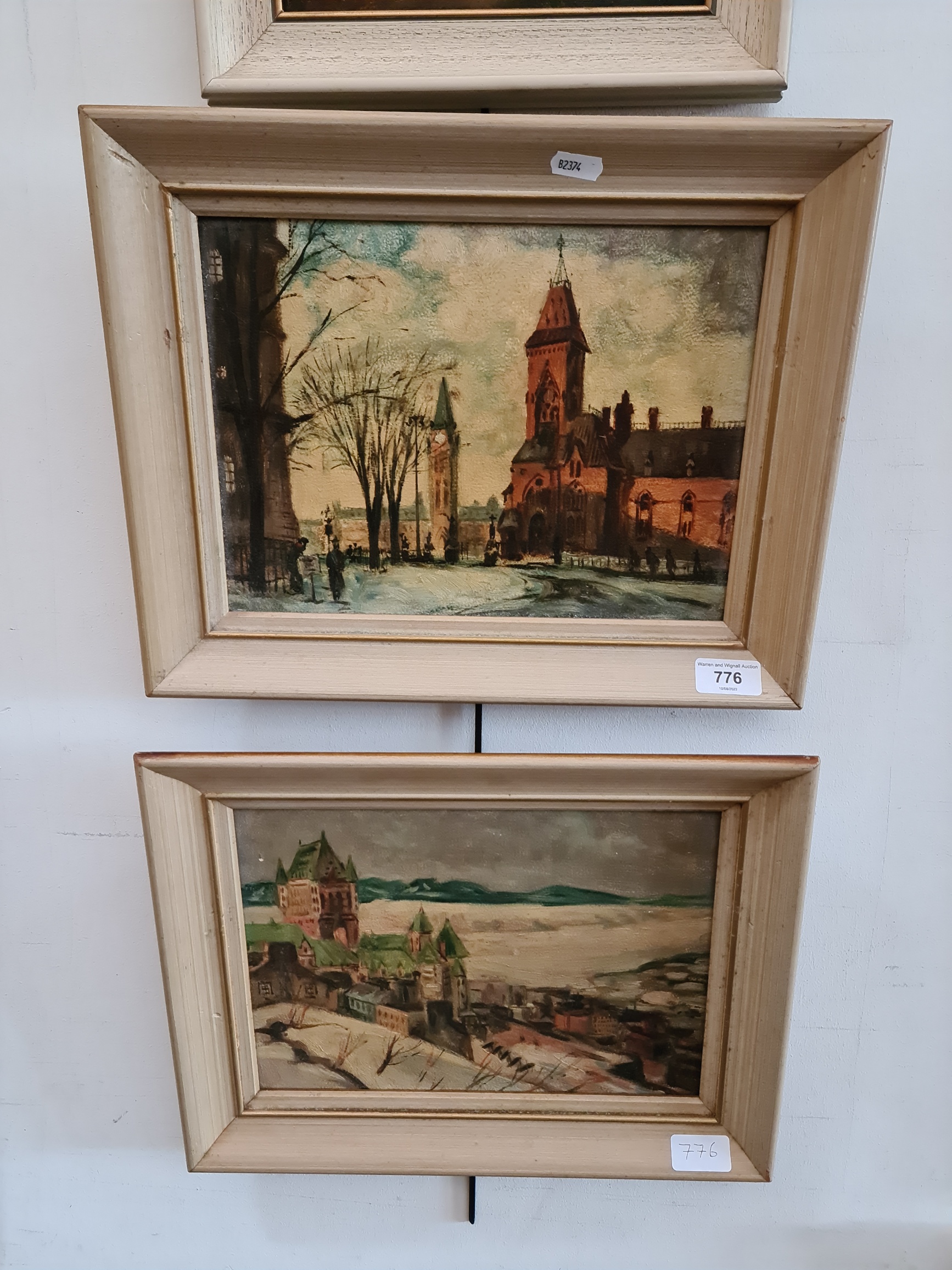 Pair of 20th century school, oil on boards, town scene and a continental landscape, 29cm x 21.5cm