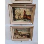 Pair of 20th century school, oil on boards, town scene and a continental landscape, 29cm x 21.5cm