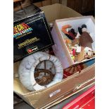 A box of misc including glass shade, old tins, wooden figures, a boxed Die-Cast Burago car, Oriental