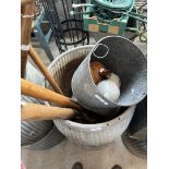 A galvanised mop bucket, selection of watering can roses, 2 garden forks, garden hand forks and a