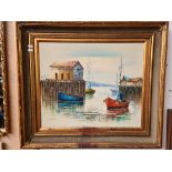 20th century school, oil on canvas, harbour scene, 59.5cm x 49.5cm, signed 'C Thomson' to lower