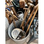 A galvanised mop bucket, a garden hand forks, shears, 4 garden forks.