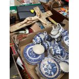 A box of Old Willow blue and white and a box of misc including sewing box, binoculars, crucifix,