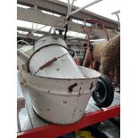 A Galvanised watering can, an Enamel bucket and an Enamel basin