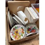 A box of collectors plates including David Shepherd signed Wedgwood plate