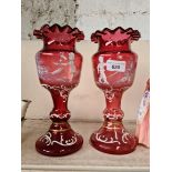 Pair of Mary gregory style cranbery glass vases