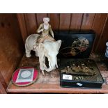A mixed lot comprising a Royal Dux style elephant (damaged), two Japanese lacquered boxes and a