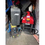 A 2 tonne trolley jack, pressure washer with brush - no lance, a battery display unit and a boxed