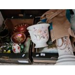 Two boxes of assorted items including an Edward VIII glass cup, a watercolour, a barometer, carnival