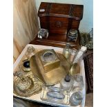 An oak desk stand, brass ink wells and various glass bottles and ink wells.