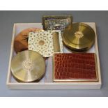 Three vintage compacts including croc effect and brass, one set with paste, together with two powder