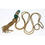 A vintage gilt metal and green bead necklace, drop length 13cm, chain length 82cm.