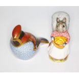 A Royal Crown Derby bird paperweight (silver stopper) and a Beswick Beatrix Potter Goody Tiptoes