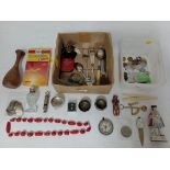 Two boxes of miscellaneous collectables to include silver railway badge, various coins, ornaments,