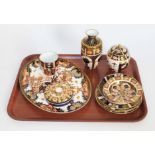 Assorted Royal Crown Derby and Derby Imari pattern china including a vase, a jam pot, lidded dishes,