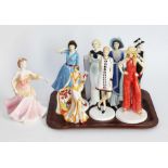 Eight assorted figurines comprising three Royal Doulton Fashion Through the Decades, one Coalport,