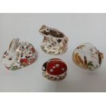 Four Royal Crown Derby figurines; meadow rabbit, old Imari frog, ladybird and field mouse.