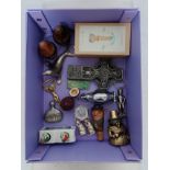 A selection of collectables and novelty items including plated salt and pepper mice, bottle openers,