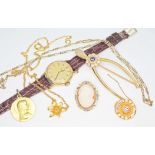 A mixed lot comprising a ladies gold plated Bulova wirstwatch, a Trifari pendant, A Madonna