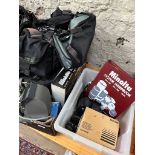 2 boxes and a bag of cameras, accessories and lenses to include Nikon, Nikormat, Cannon AE-1 and a