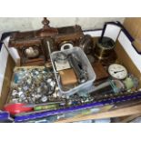 A box of miscellaneous to include large quantity of watch cases and related parts, a 1930s bell, a