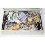 A box of assorted items including watches, coins, bank notes, jewellery etc.