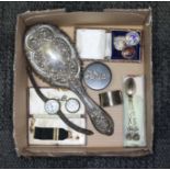 A mixed lot comprising a hallmarked silver brush and a hallmarked silver serviette ring, two