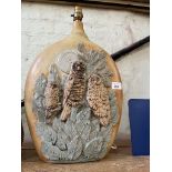 Studio pottery - A Bernard Rooke table lamp, decorated in relief with owls in a tree. Height 48.5