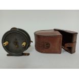 A Hardy Silex vintage trout fishing reel, 3. 1/4", circa 1904, with leather case stamped 'HARDY