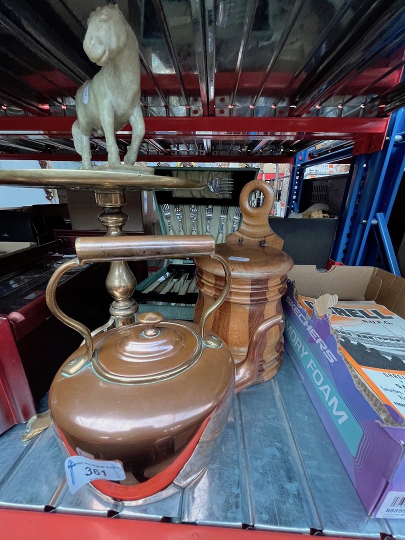 Various items to include a salt box, soapstone horse, boxed fish servers, a copper kettle, a brass