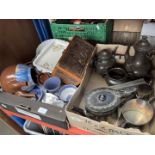 Two boxes of misc including metalware, carved wooden box, blue and white pottery, etc.