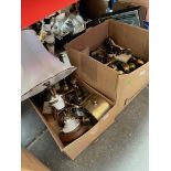Two boxes of misc brassware and metalware to include a clock, lamps, onyx, marble, etc.
