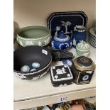 Wedgwood Jasperware including teapot, footed bowl, lidded dish, vases, etc