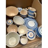 A box of blue and white kitchen dishes, storage jars, milk jugs, condiments set etc