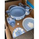 A box of blue and white Wedgwood Jasperware including pedestal bowl, plates etc, 15 pieces.
