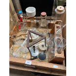 A box of various chemistry lab glassware etc.