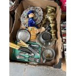 A box of assorted misc. including candlesticks, pewter, pottery etc.