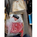 A box containing vintage pyjamas, vintage ladies dress, two handbags and 2 glasses cases with
