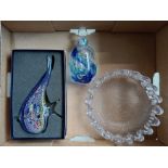 An Andrew Sanders signed perfume bottle with blue swirls and bubbles, a boxed Caithness art glass