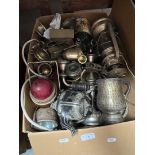 A box of assorted metalware items, pewter mug, brassware, candle sticks etc