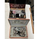 Two jewellery boxes with contents to include compacts, plated dressing set, a vintage Givenchy