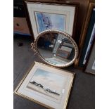 Jack Green signed print, watercolour and oval mirror