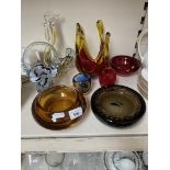 8 art glass items including Murano style cased glass piece and controlled bubble items