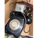 A vintage telephone, barometer and a pair of binoculars with case.