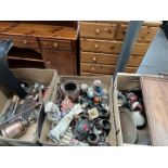 3 boxes of miscellaneous items including clock, plated ware, wooden tray, gramophone horn etc
