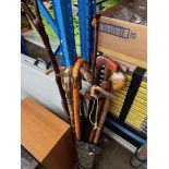 A collection of walking sticks including horn handled, brass handle etc