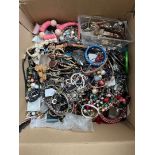 A box of costume jewellery and watches, etc.