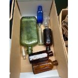 A selection of vintage glass bottles including Sanizal Poison bottle etc.