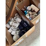 Two boxes of pottery including German Thomas cups and saucers, two pieces of blue and white Cornish,